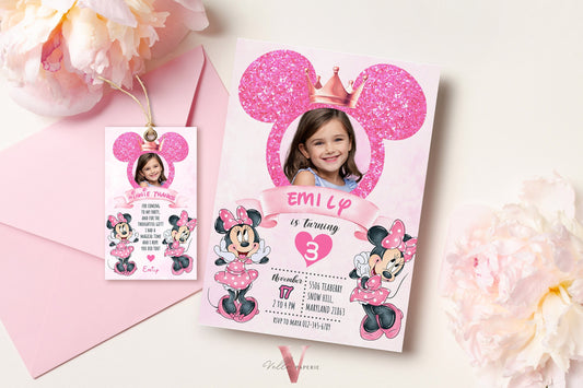 Photo Pink Minnie Birthday Invitation | Editable Printable Glitter Minnie Birthday Girl Party Invite with Photo Instant Template  MMB03