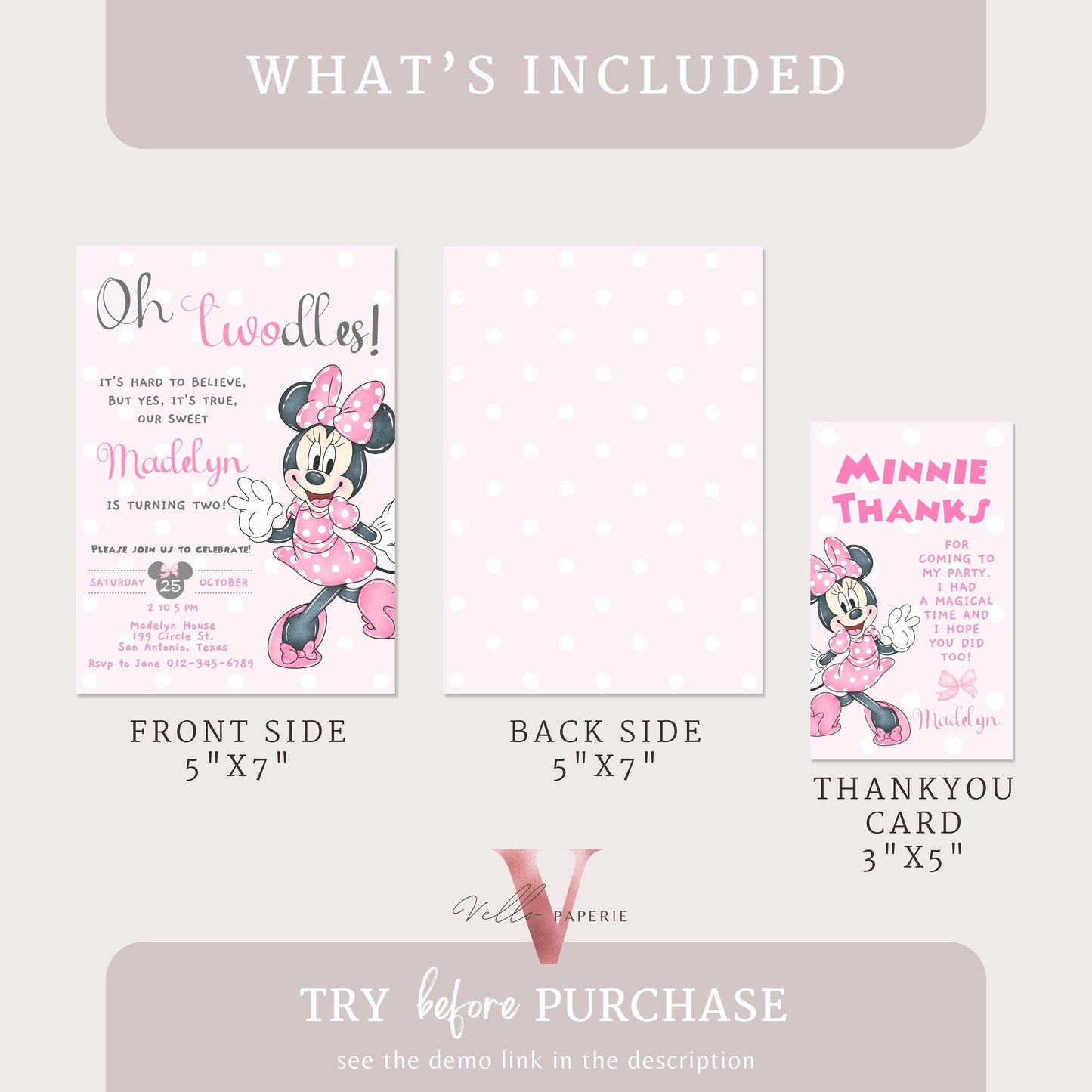 Oh Twodles Minnie Birthday Invitation | Editable Printable Watercolor Minnie Birthday Party Invite | Pink Minnie Twodles Instant Download