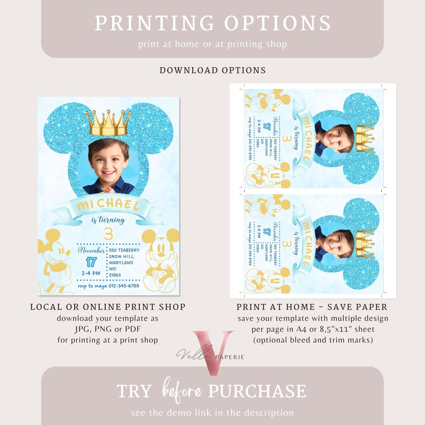 Photo Blue Glitter Royal Mickey Birthday Invitation | Editable Printable Blue Gold Mickey Birthday Party Invite with Photo Instant Download