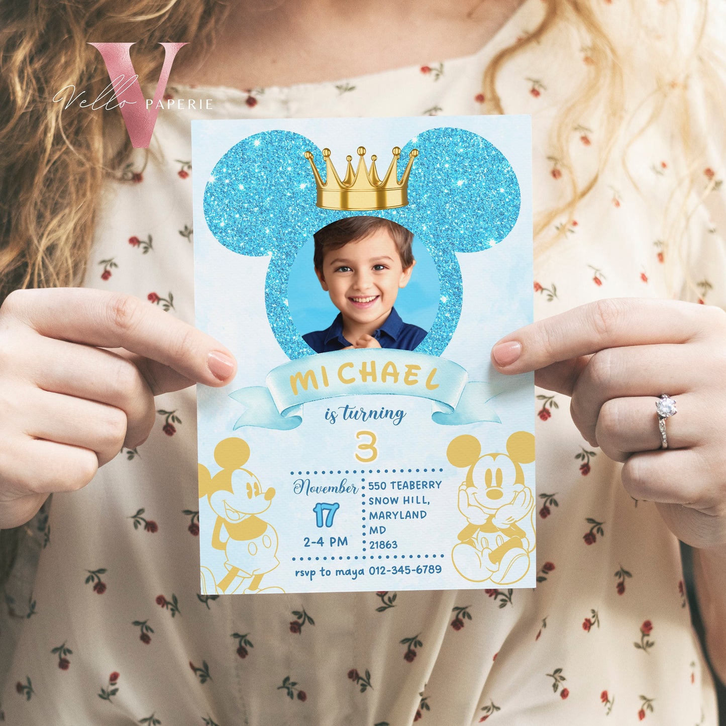 Photo Blue Glitter Royal Mickey Birthday Invitation | Editable Printable Blue Gold Mickey Birthday Party Invite with Photo Instant Download