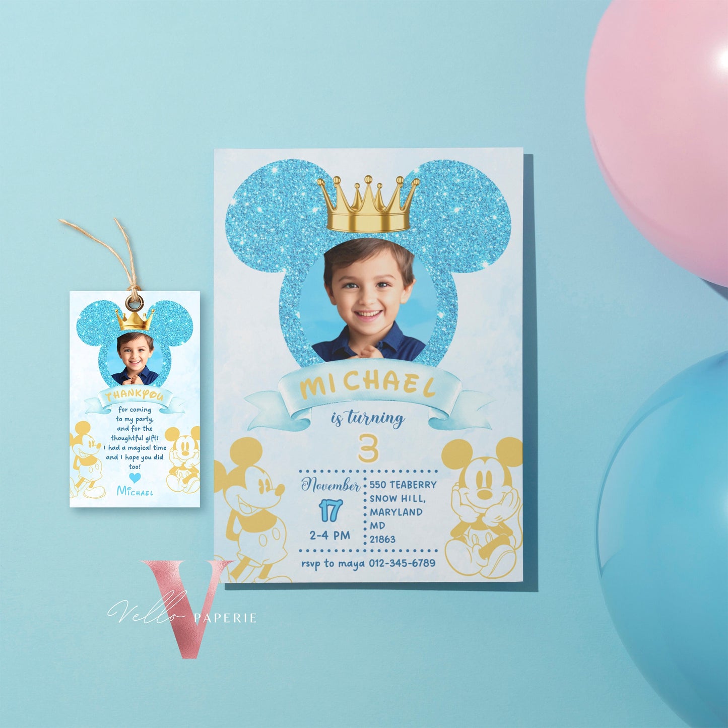 Photo Blue Glitter Royal Mickey Birthday Invitation | Editable Printable Blue Gold Mickey Birthday Party Invite with Photo Instant Download