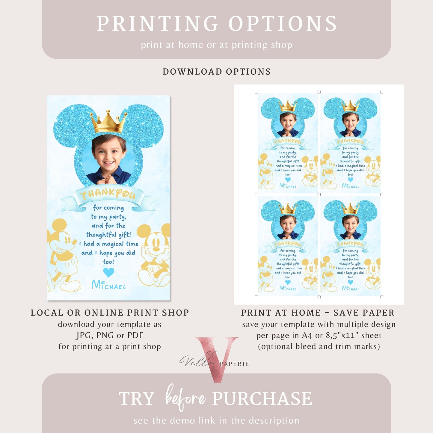 Photo Glitter Royal Mickey Birthday Thankyou Card | Editable Printable Blue Gold Mickey Birthday Party Favor Tag | Gift Tag Instant Download