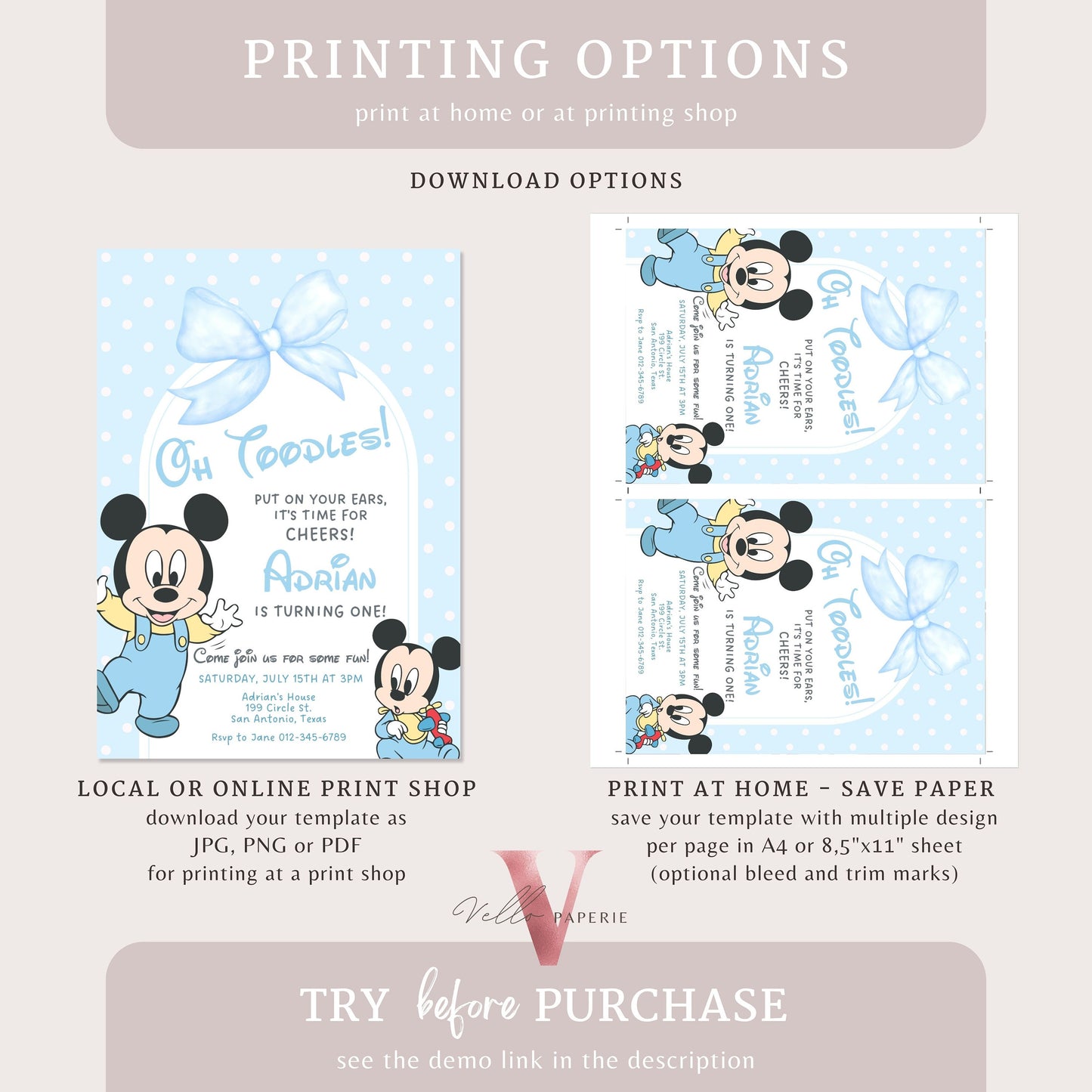 Oh Twodles Mickey Birthday Invitation | Editable Printable Watercolor Blue Mickey Birthday Party Invite | Mickey Twodles Instant Download