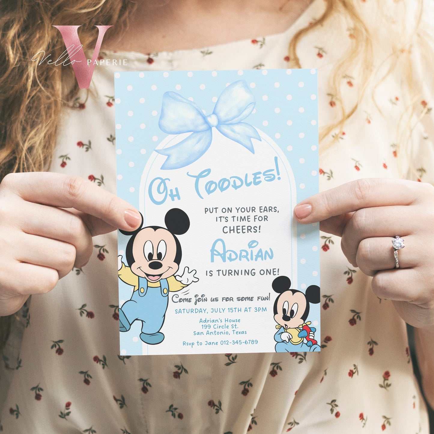 Oh Twodles Mickey Birthday Invitation | Editable Printable Watercolor Blue Mickey Birthday Party Invite | Mickey Twodles Instant Download