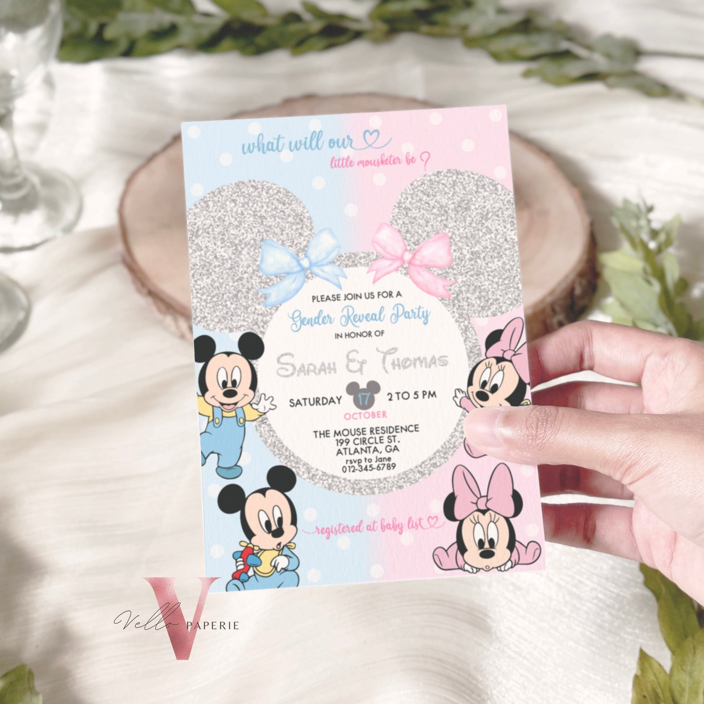 Minnie Mickey Baby Shower Invitation | Editable Printable Blue Pink Baby Shower Party Invite | Mouseketeer Gender Reveal Party Invite MBS01