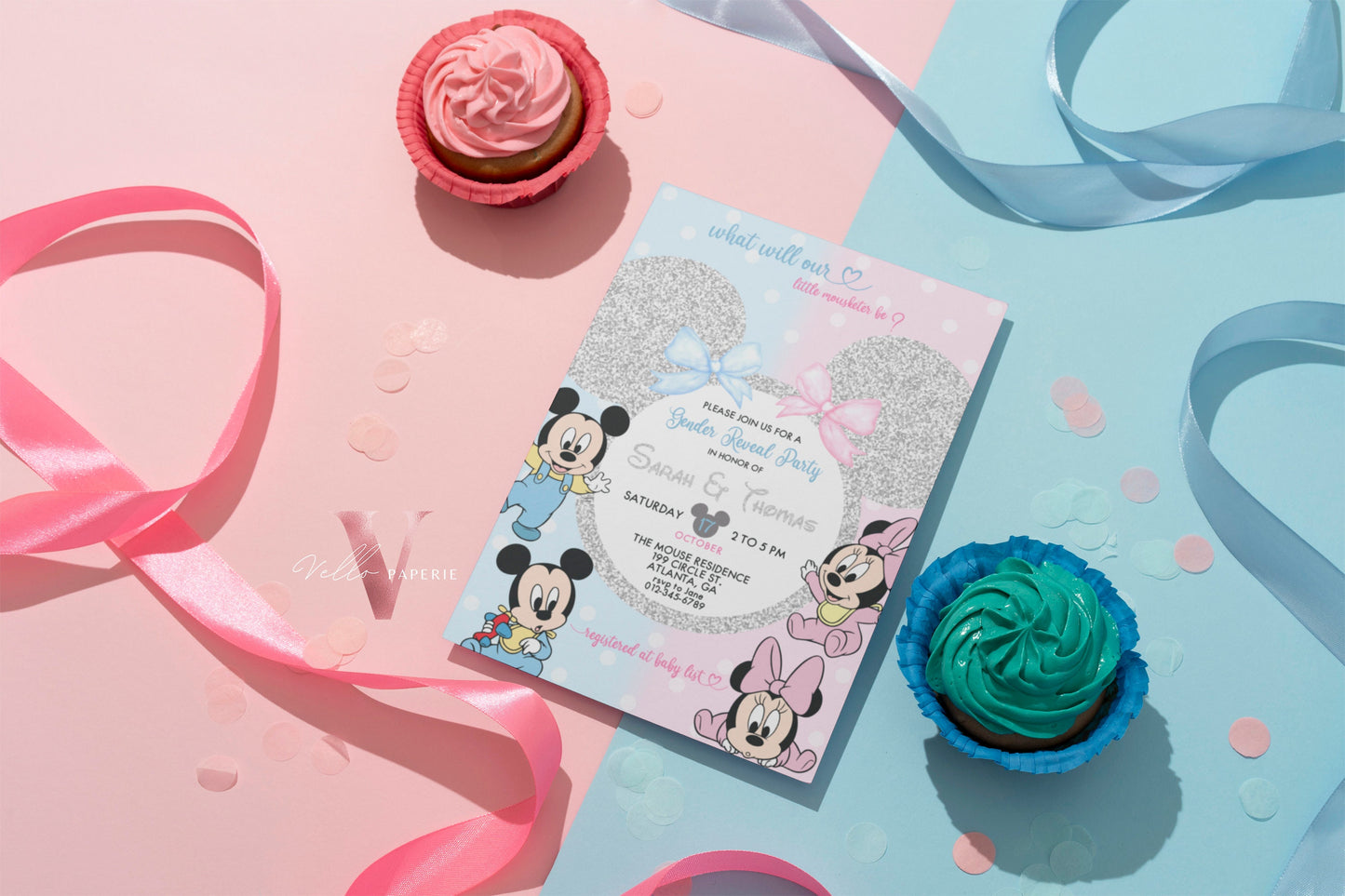 Minnie Mickey Baby Shower Invitation | Editable Printable Blue Pink Baby Shower Party Invite | Mouseketeer Gender Reveal Party Invite MBS01