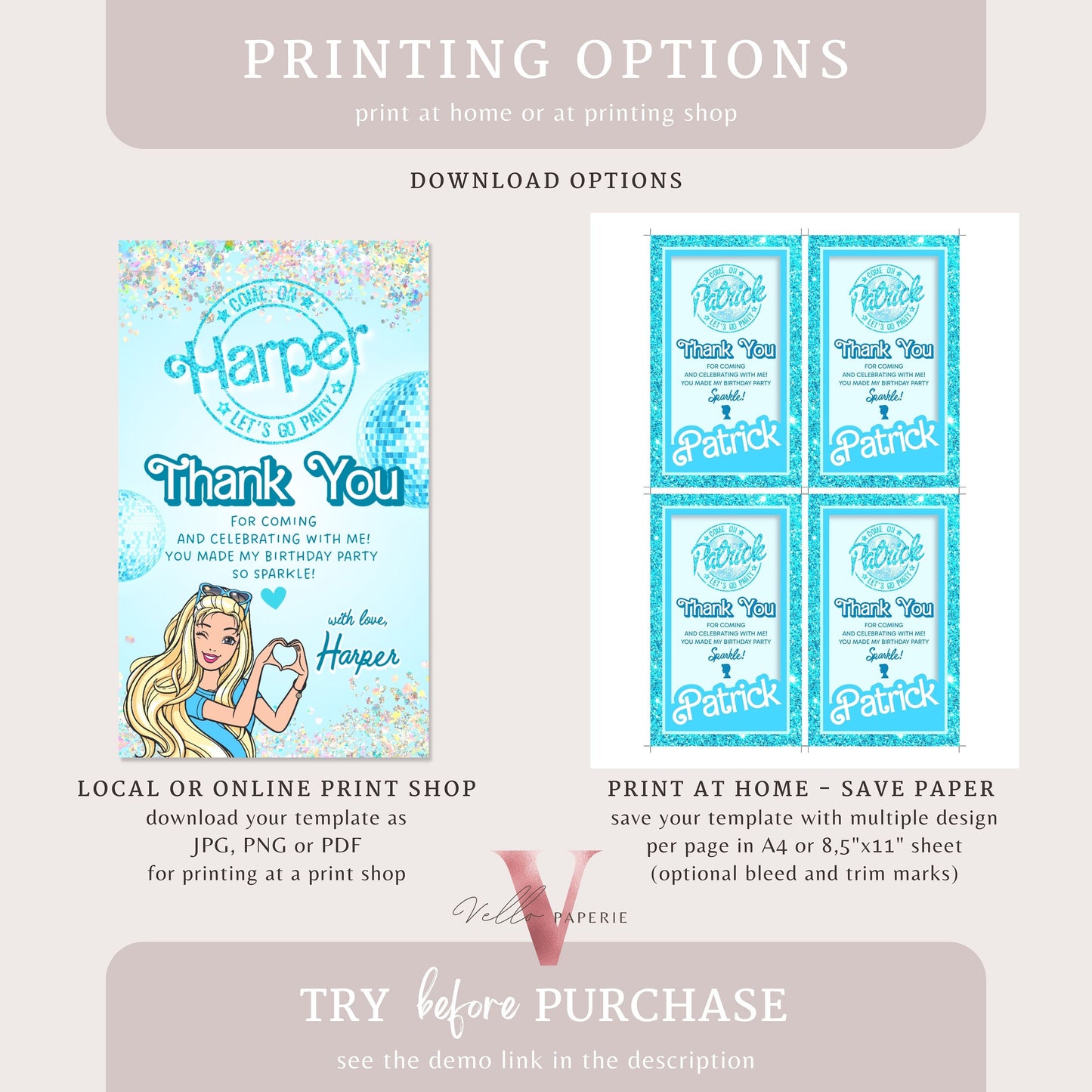 Disco Blue Doll Birthday Thankyou Card | Editable Printable Glitter Blue Disco Party Favor Tag | Boy and Girl Blue Doll Party Gift Tag