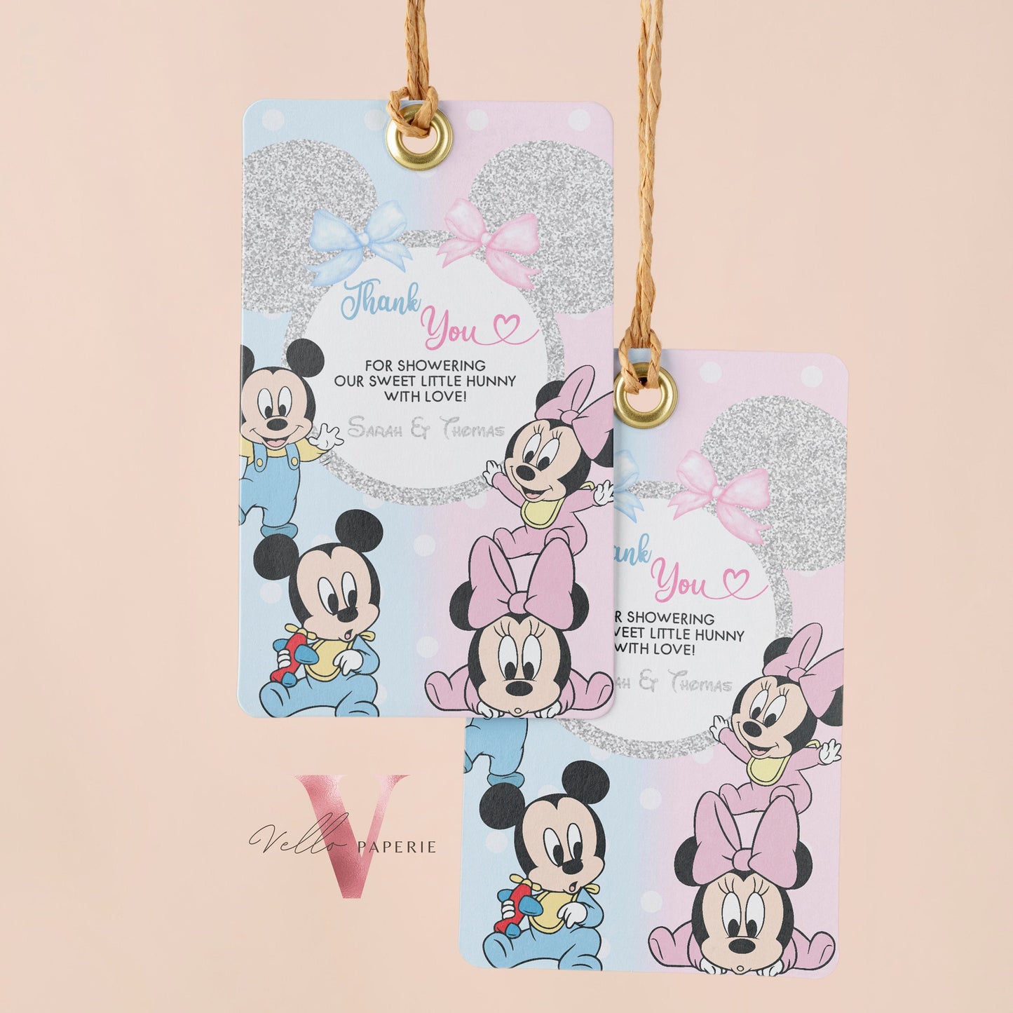 Minnie Mickey Baby Shower Thankyou Card | Editable Blue Pink Baby Shower Party Favor Tag | Mouseketeer Gender Reveal Party Gift Tag MBS01