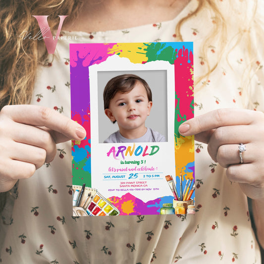 Colorful Kids Paint Birthday Invitation | Editable Printable Rainbow Paint Party Invite with photo | Creative Activity Kid Party Instant