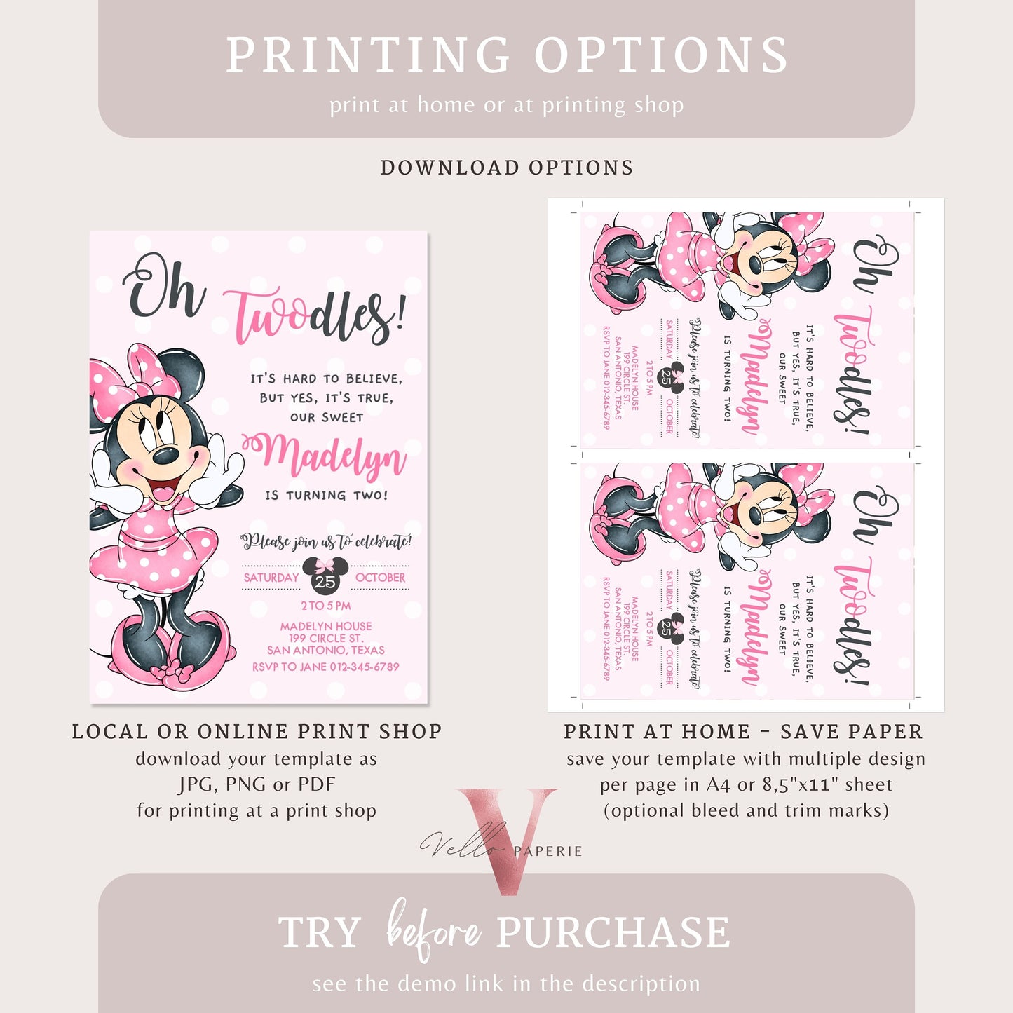 Self Editable Oh TWOdles Minnie Mouse Birthday Invitation, Light Pink Polka Dot Invite 2 years Girl Second Birthday Instant Template MMB01