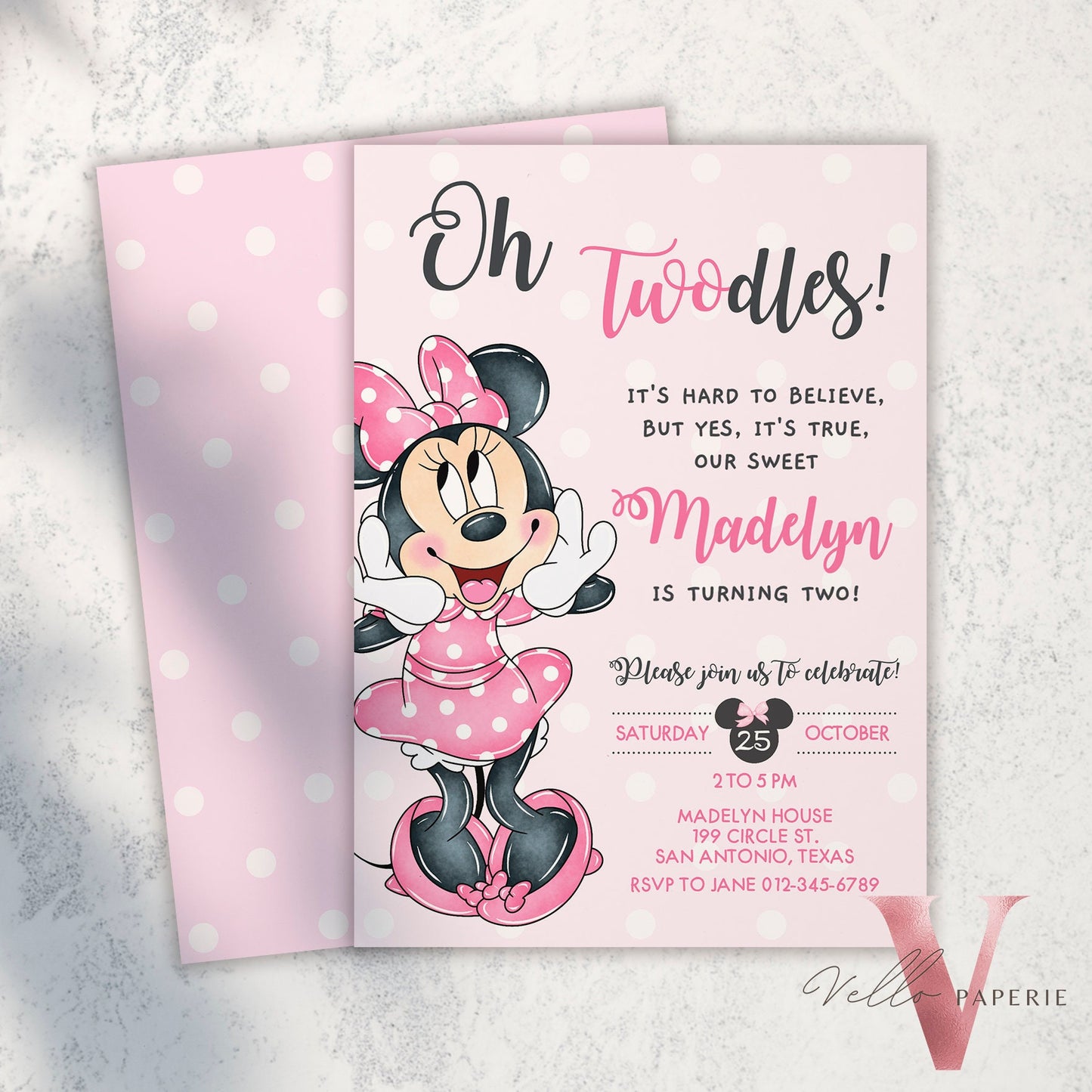 Self Editable Oh TWOdles Minnie Mouse Birthday Invitation, Light Pink Polka Dot Invite 2 years Girl Second Birthday Instant Template MMB01