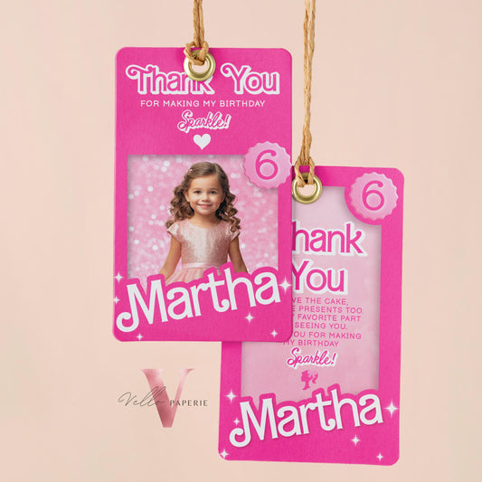Photo Pink sparkle fashion doll box birthday thankyou card, pink doll come on let's go disco party favor tag, gift tag instant HPD01