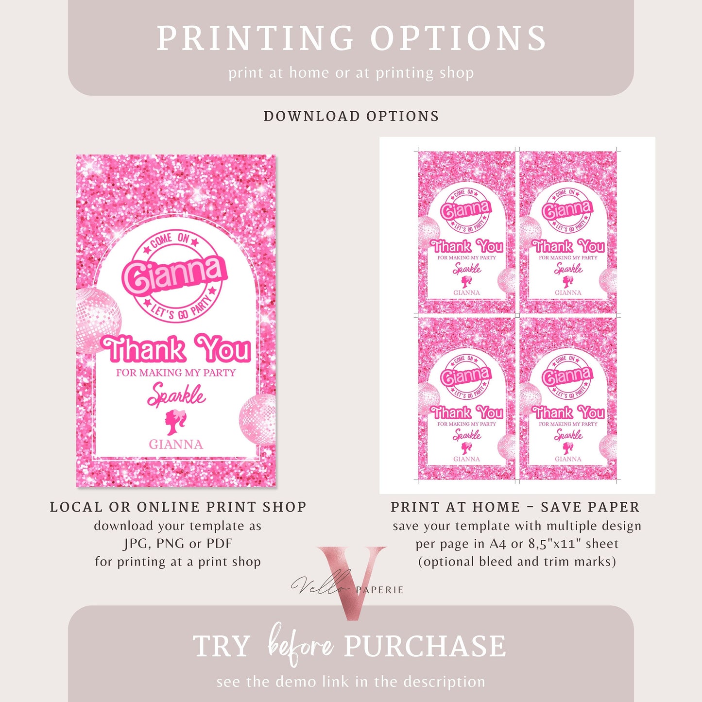 editable pink sparkle fashion doll birthday thankyou card, pink doll come on let's go disco party favor tag, gift tag instant download