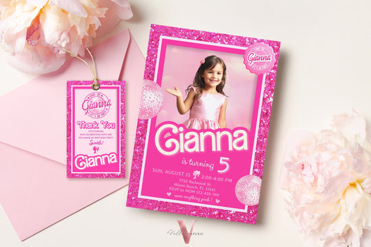 editable printable pink sparkle fashion doll box photo birthday invitation, selfie glam pink doll glitter party invite instant download