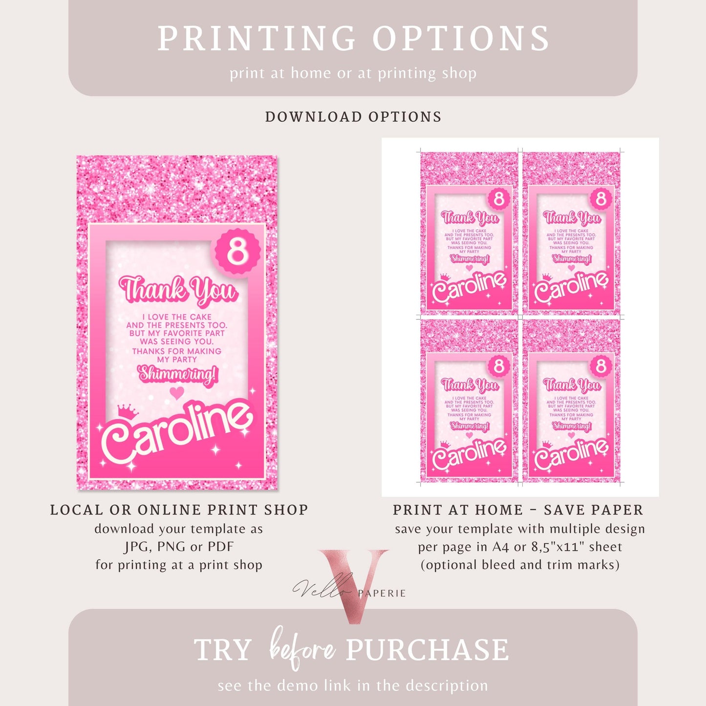 Pink Sparkle Fashion Doll Birthday Thankyou Card, Pink Doll Glitter Come On Lets Go Pink Party Favors, Gift Tag Card Instant Template