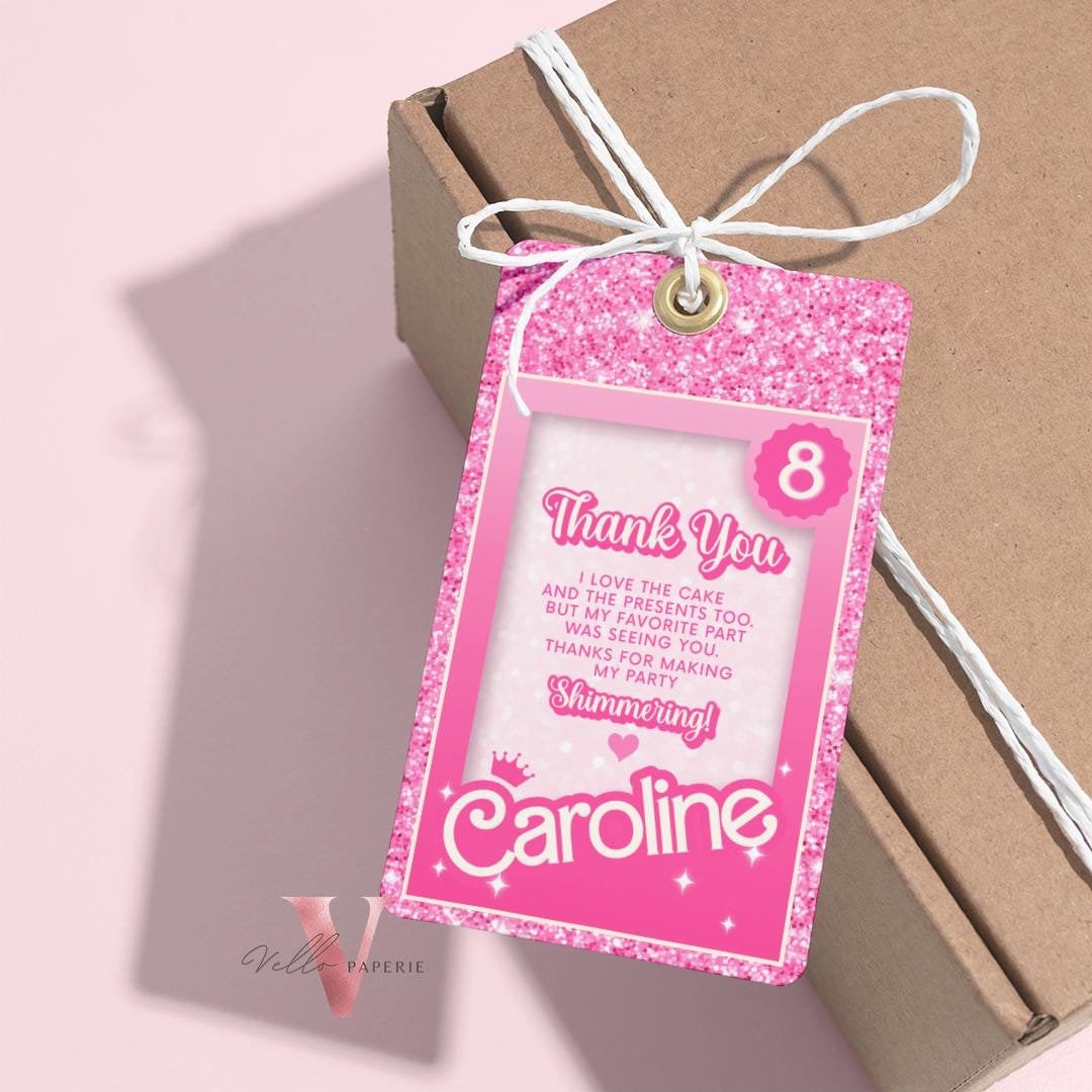 Pink Sparkle Fashion Doll Birthday Thankyou Card, Pink Doll Glitter Come On Lets Go Pink Party Favors, Gift Tag Card Instant Template