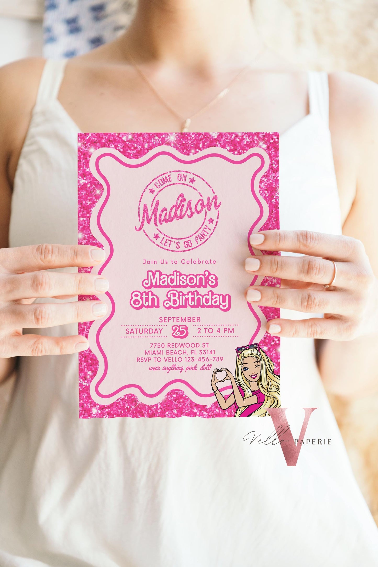 Wave Pink Sparkle Fashion Doll Cartoon Birthday Invitation, Pink Doll Glitter Come On Lets Go Pink Party Invite Instant Template