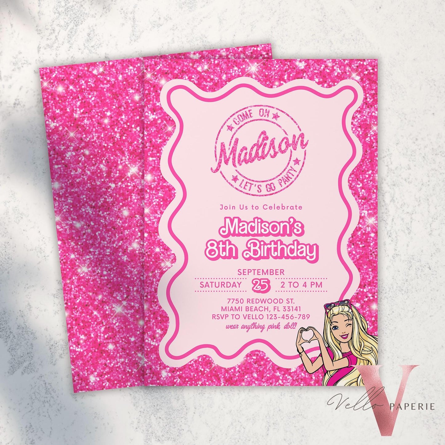 Wave Pink Sparkle Fashion Doll Cartoon Birthday Invitation, Pink Doll Glitter Come On Lets Go Pink Party Invite Instant Template