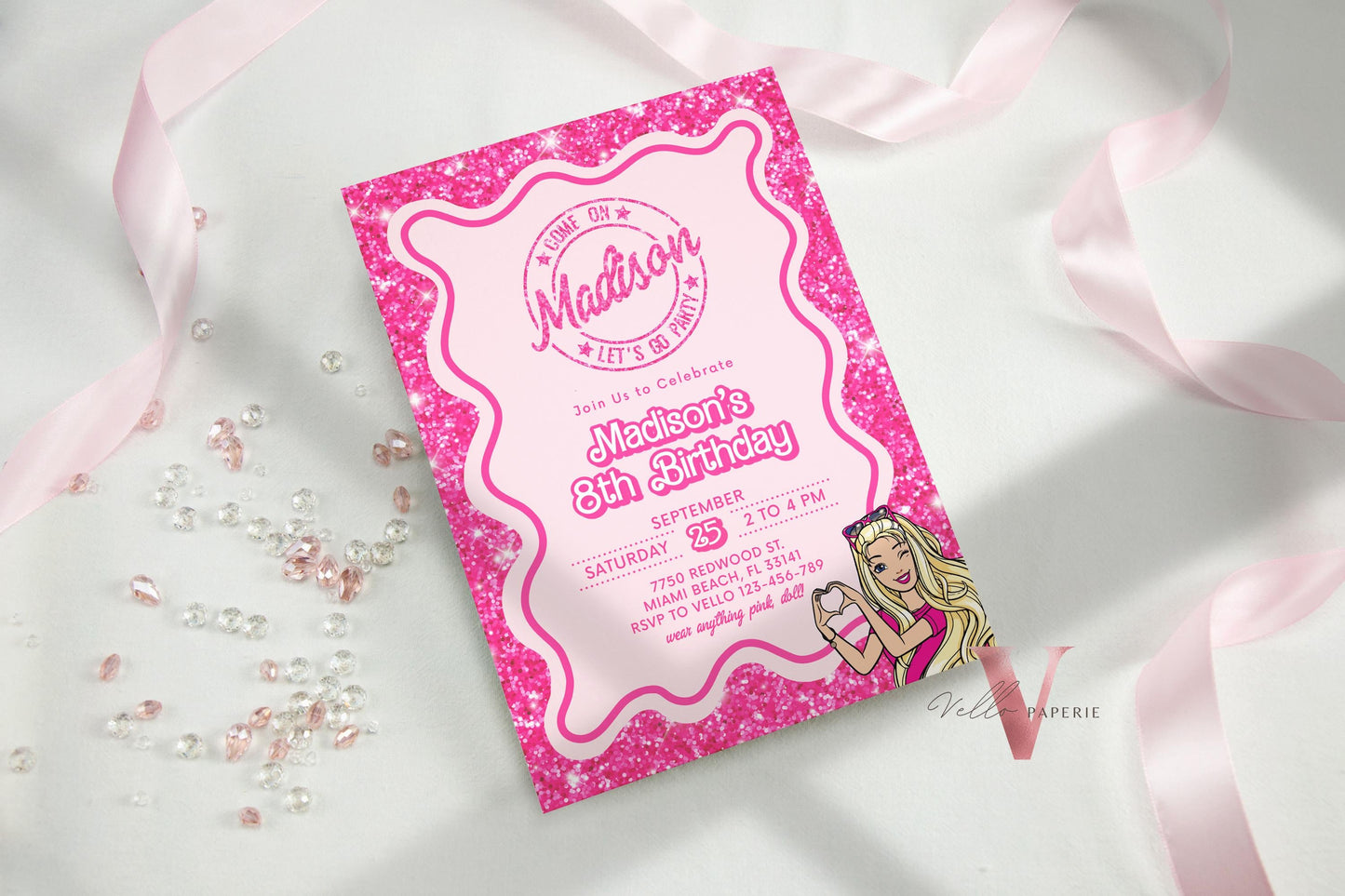 Wave Pink Sparkle Fashion Doll Cartoon Birthday Invitation, Pink Doll Glitter Come On Lets Go Pink Party Invite Instant Template