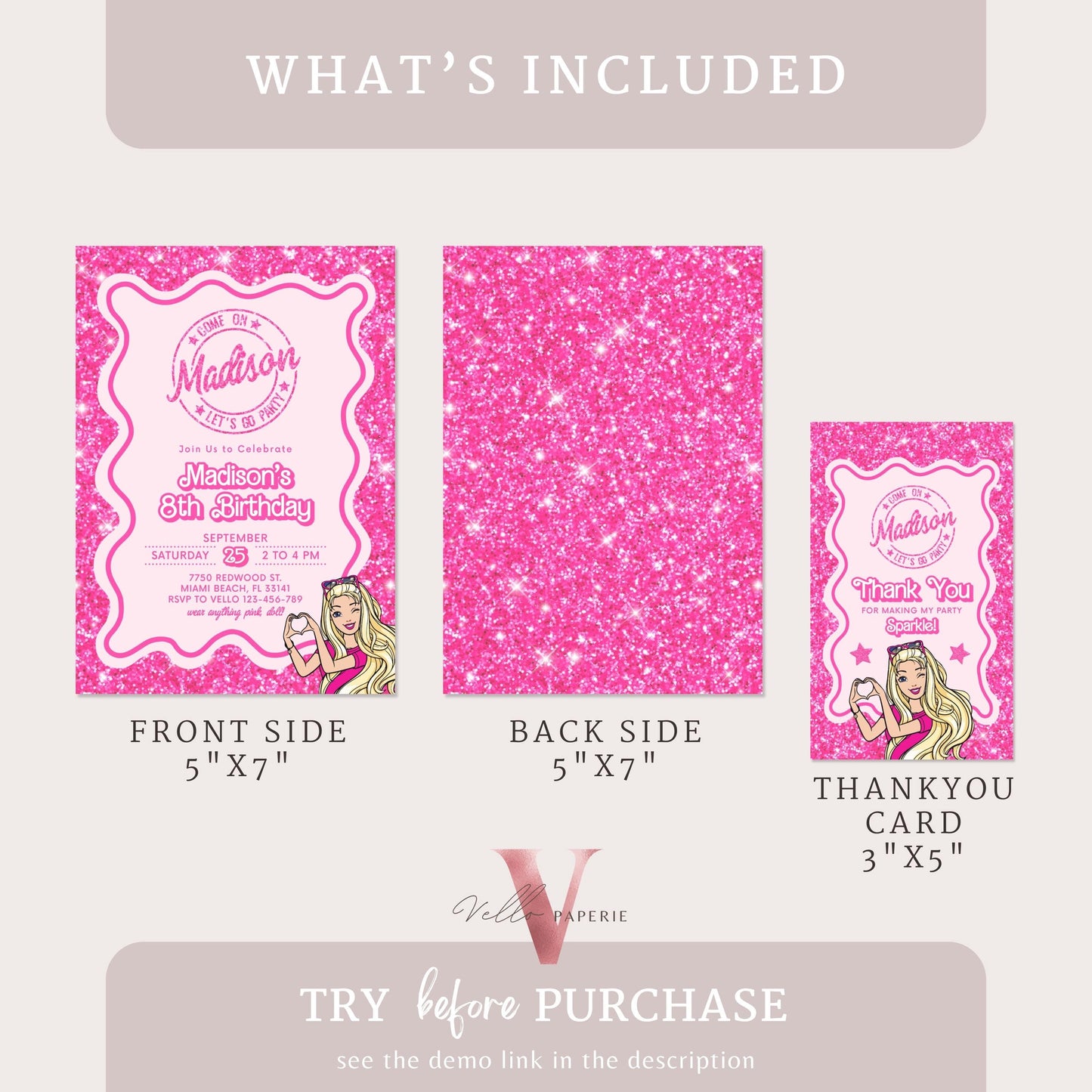 Wave Pink Sparkle Fashion Doll Cartoon Birthday Invitation, Pink Doll Glitter Come On Lets Go Pink Party Invite Instant Template