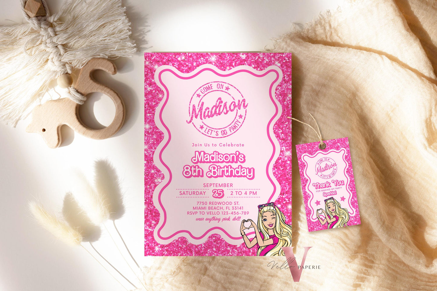 Wave Pink Sparkle Fashion Doll Cartoon Birthday Invitation, Pink Doll Glitter Come On Lets Go Pink Party Invite Instant Template