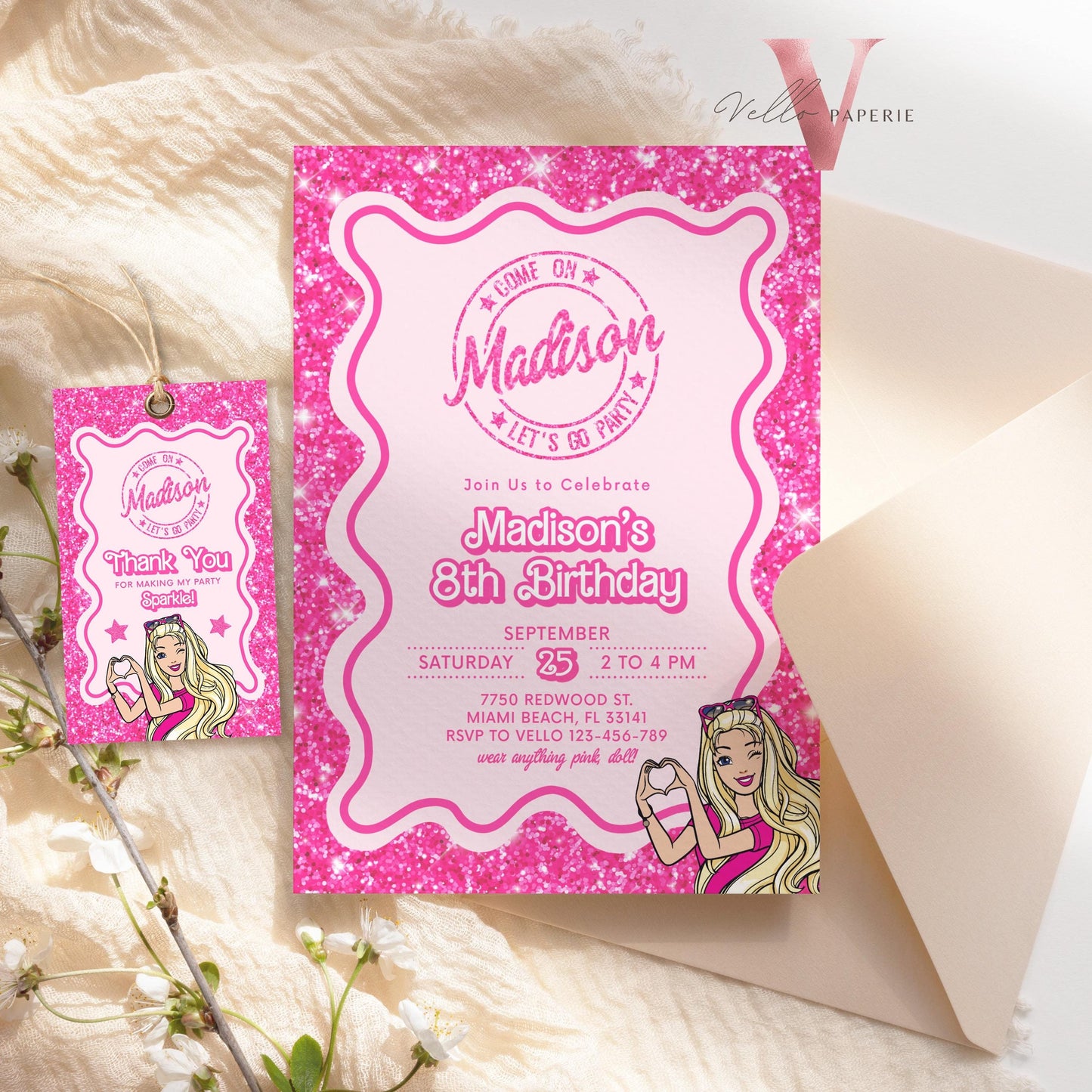 Wave Pink Sparkle Fashion Doll Cartoon Birthday Invitation, Pink Doll Glitter Come On Lets Go Pink Party Invite Instant Template