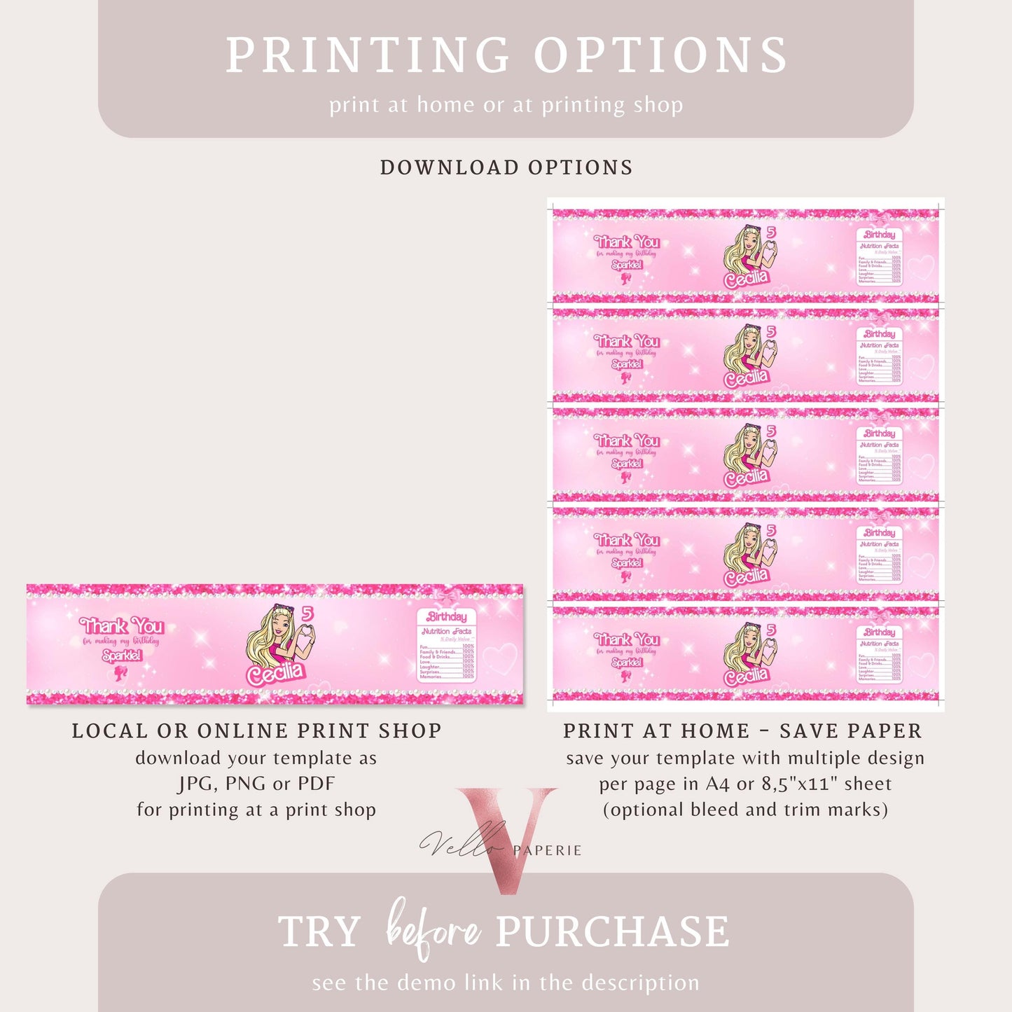 Hot Pink Doll Cartoon Birthday Water Bottle Label  | Sparkle Pink Doll Party Decor | Glitter Glam Pink Bottle Label Instant Download