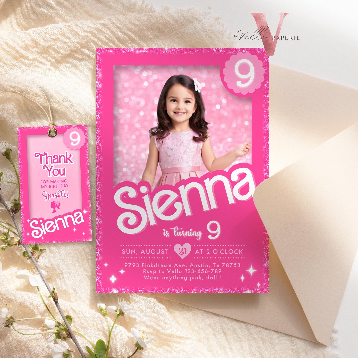 Selfie Pink Sparkle Fashion Doll Box Birthday Invitation, Editable Printable Photo Glam Pink Doll Party Invite Instant Template  HPD01