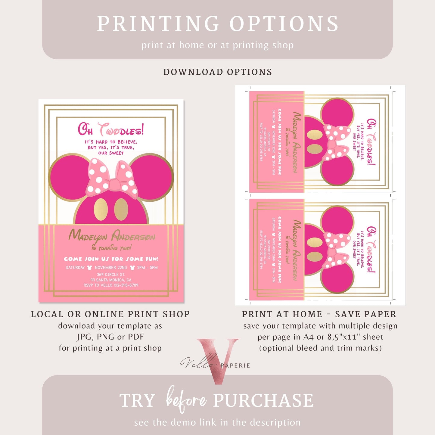 Self Editable Oh Toodles Minnie Mouse Birthday Invitation, Modern Pink Gold Girl Minnie Invite, Pink Gold Toodlers Birthday Instant Download