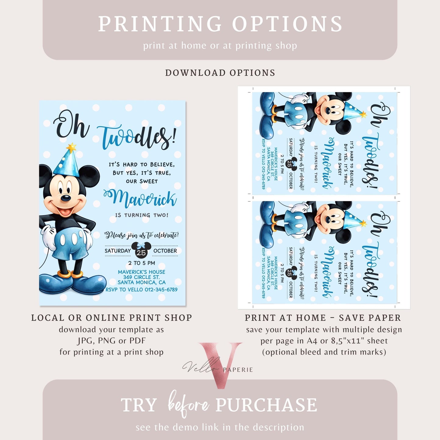 Self Editable Oh Twodles Mickey Mouse Birthday Invitation | Watercolor Blue Mickey Birthday Party Invite | Mickey Twodles Instant Download