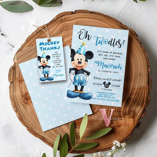 Self Editable Oh Twodles Mickey Mouse Birthday Invitation | Watercolor Blue Mickey Birthday Party Invite | Mickey Twodles Instant Download