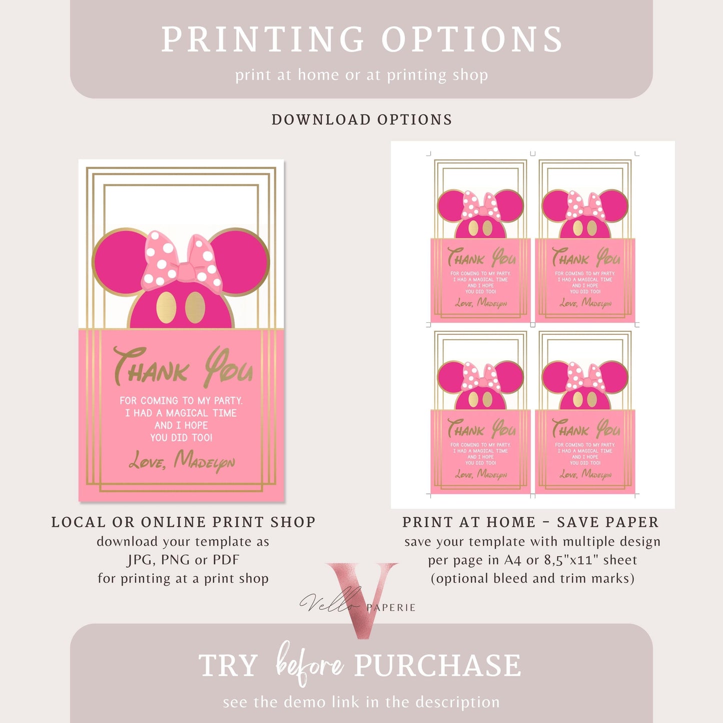Self Editable Oh Toodles Minnie Mouse Thankyou Card  | Modern Pink Gold Girl Minnie Birthday Party Favor Tag | Pink Gold Toodlers Gift Tag