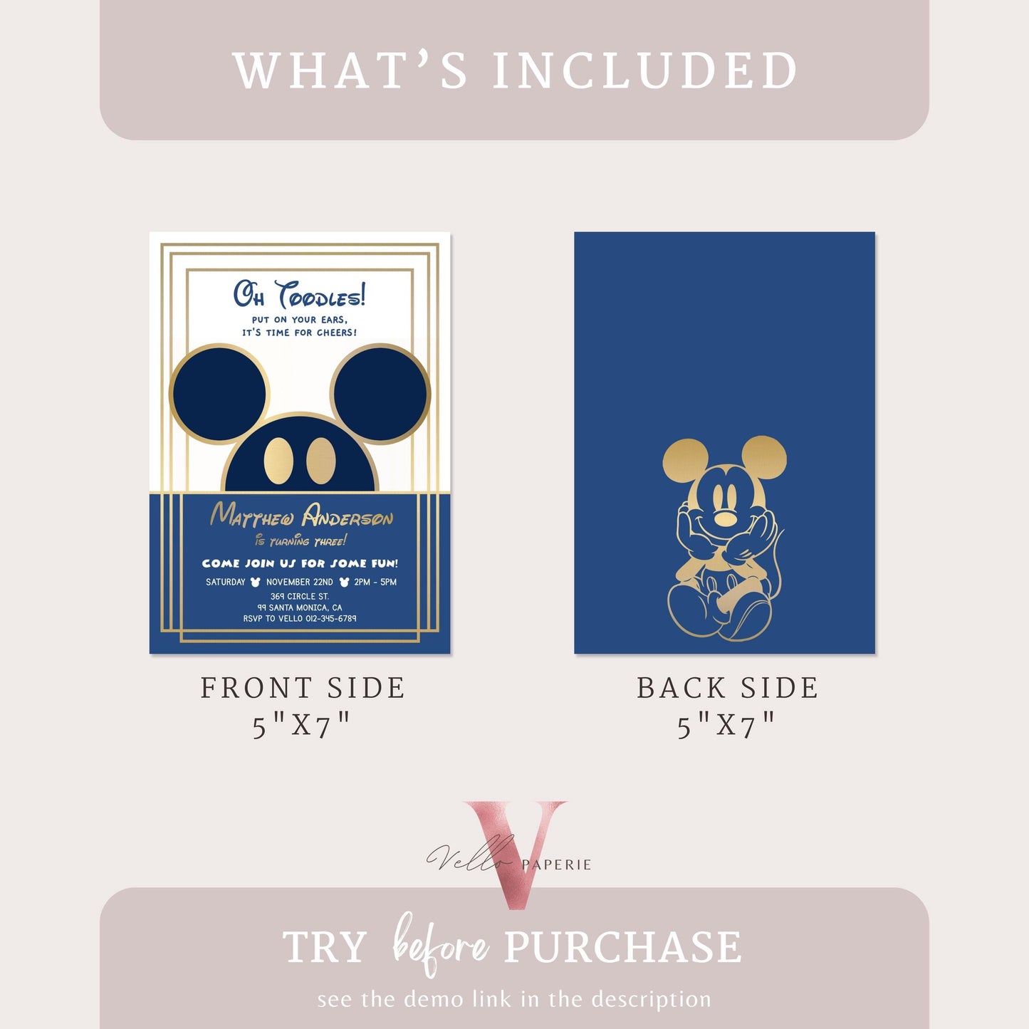 Self Editable Oh Toodles Mickey Mouse Birthday Invitation, Modern Blue Gold Boy Mickey Invite, Blue Gold Toodlers Birthday Instant Download