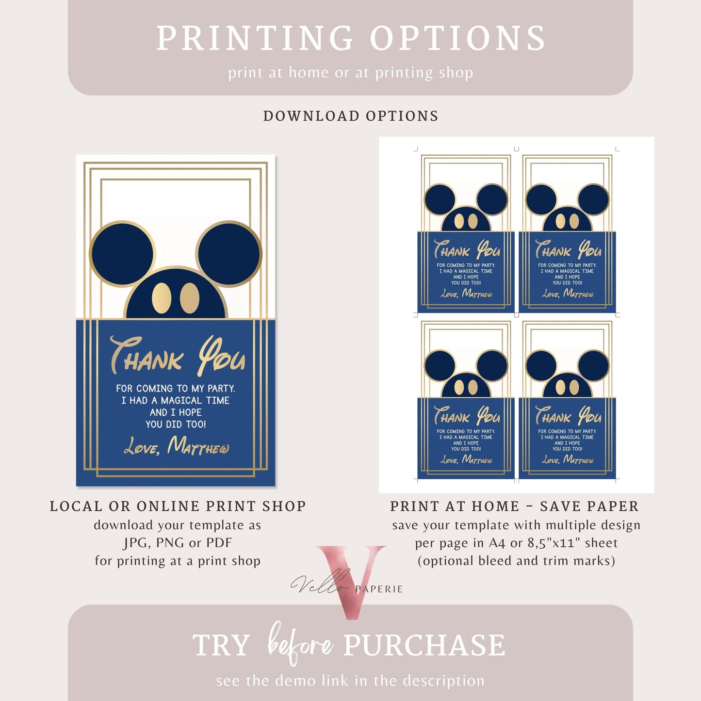 Oh Toodles Mickey Mouse Birthday Thankyou Card , Modern Blue Gold Boy Mickey Party Favor Tag, Blue Gold Toodlers Gift Tag Instant Download