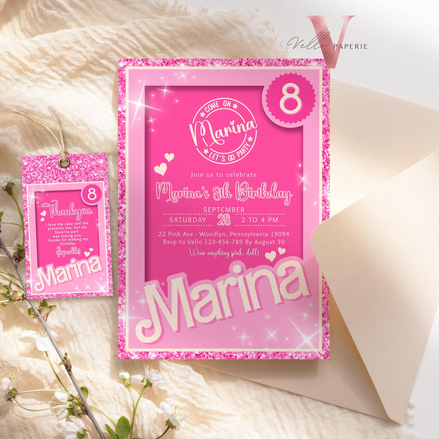 Editable Pink Sparkle Fashion Doll Birthday Invitation, Pink Doll Glitter Come On Lets Go Pink Party Invite Instant Template