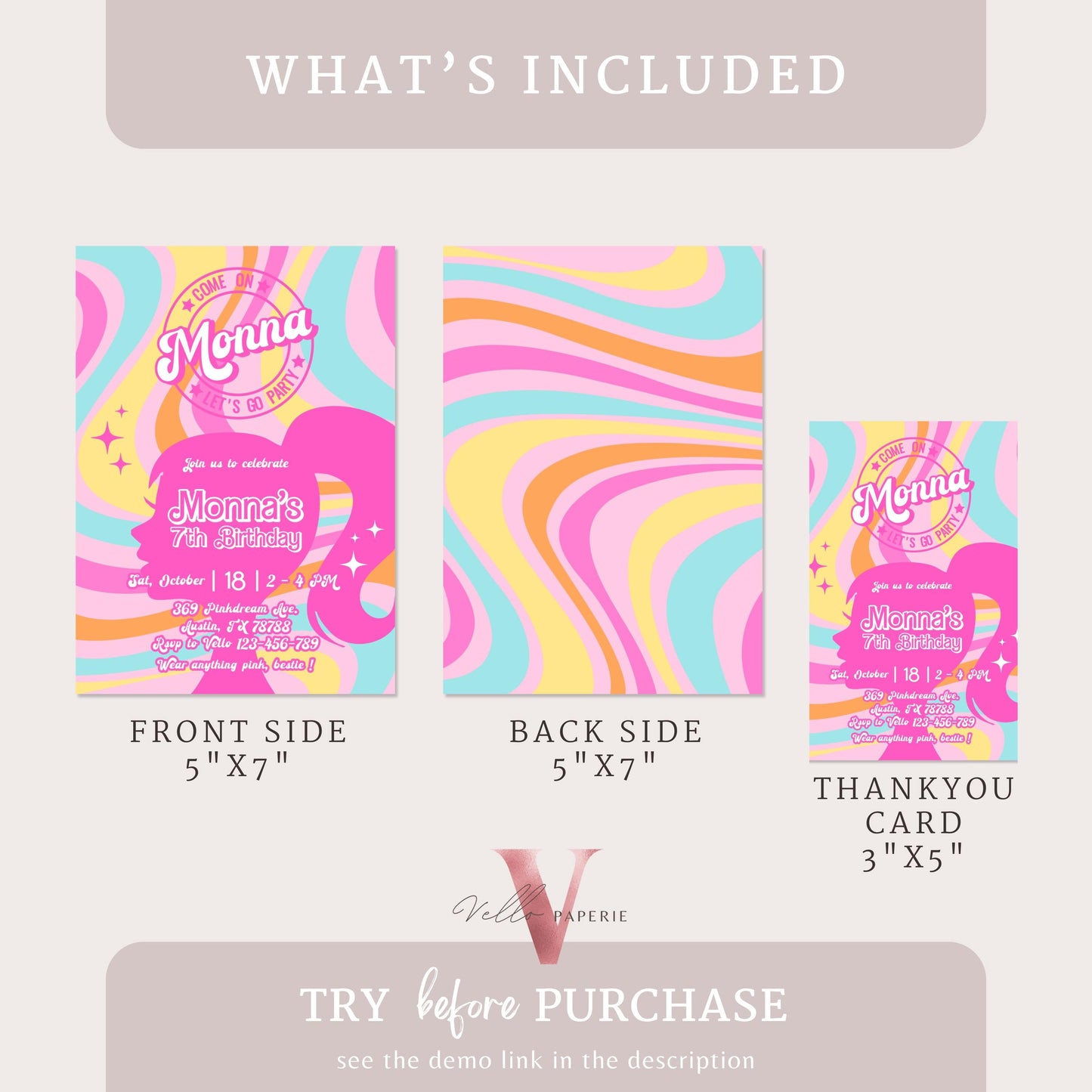 Groovy Pink Rainbow Sparkle Fashion Doll Birthday Invitation | Checkered Pink Doll Glitter Lets Go Pink Party Invite Instant Template