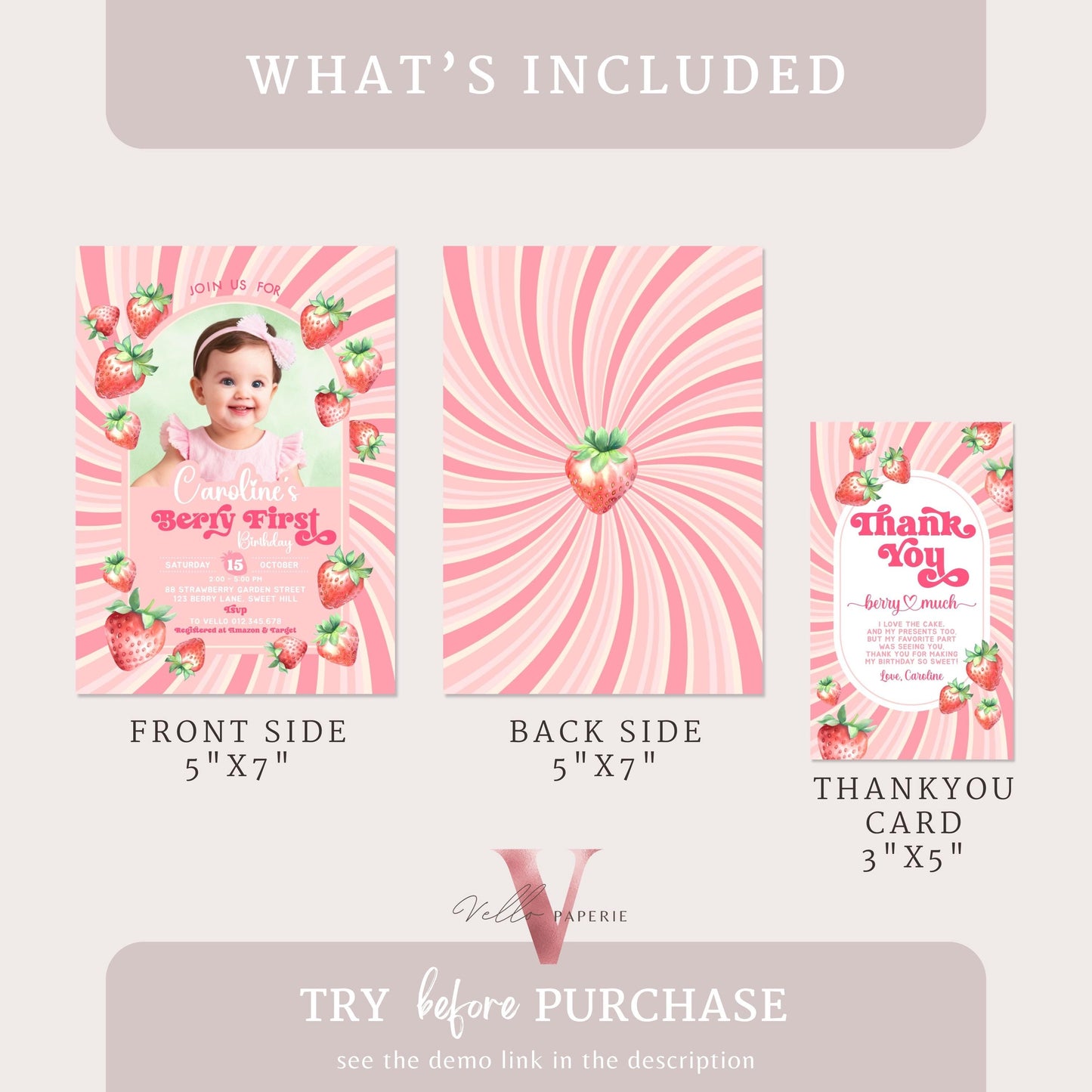 Photo STRAWBERRY First Birthday Invitation Girl | Berry First Birthday Party Invite | Summer Girl Editable Template | Pink First Birthday
