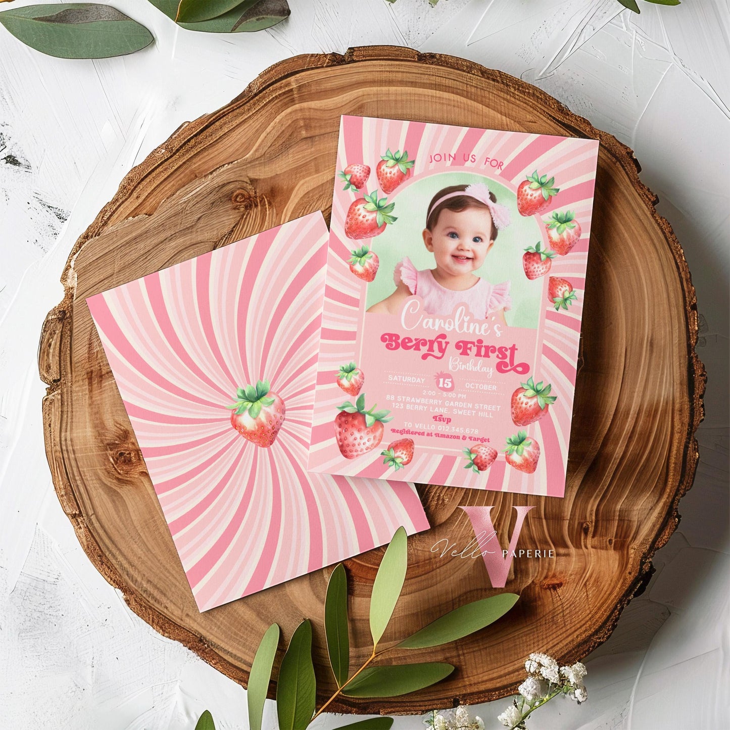 Photo STRAWBERRY First Birthday Invitation Girl | Berry First Birthday Party Invite | Summer Girl Editable Template | Pink First Birthday