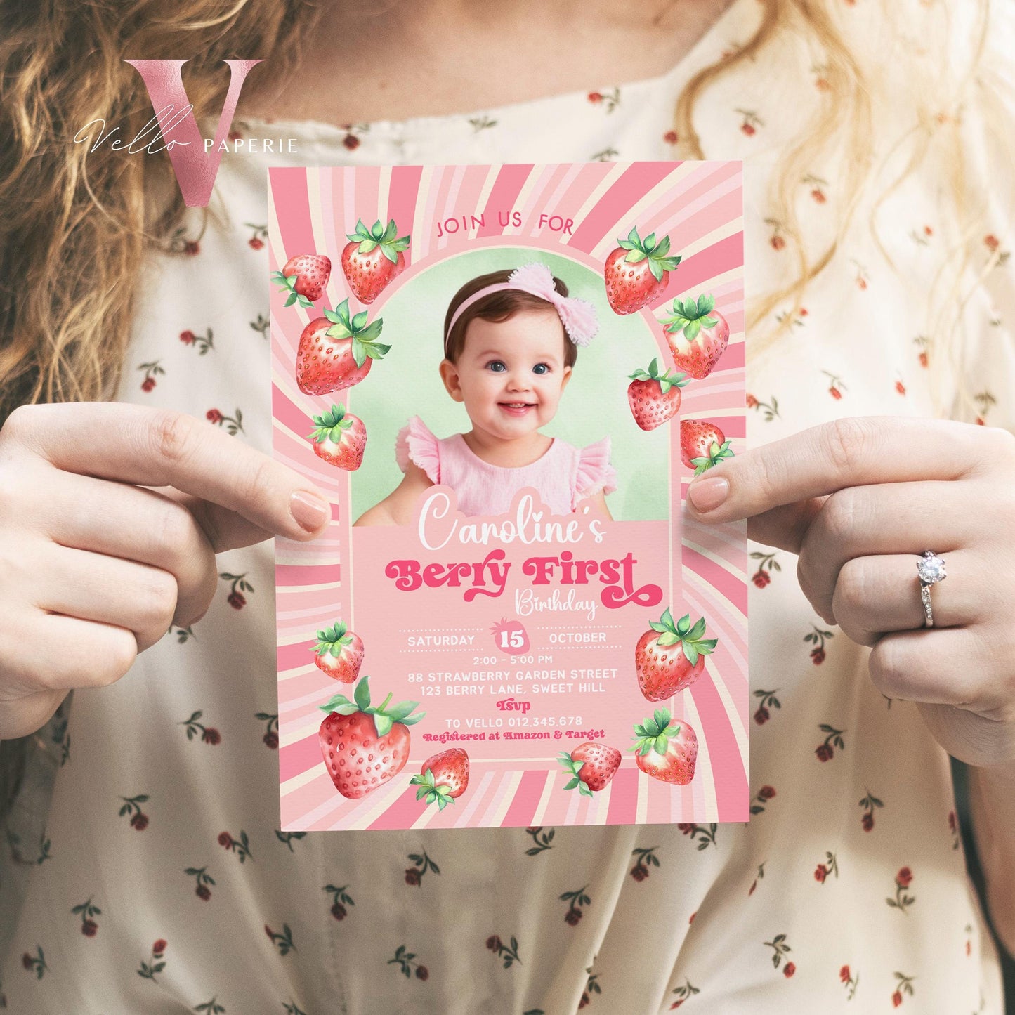 Photo STRAWBERRY First Birthday Invitation Girl | Berry First Birthday Party Invite | Summer Girl Editable Template | Pink First Birthday