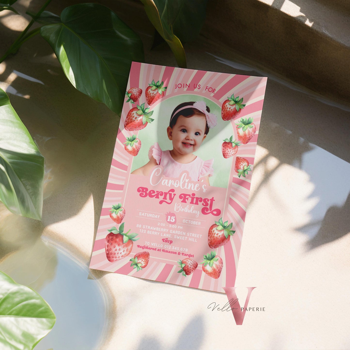 Photo STRAWBERRY First Birthday Invitation Girl | Berry First Birthday Party Invite | Summer Girl Editable Template | Pink First Birthday