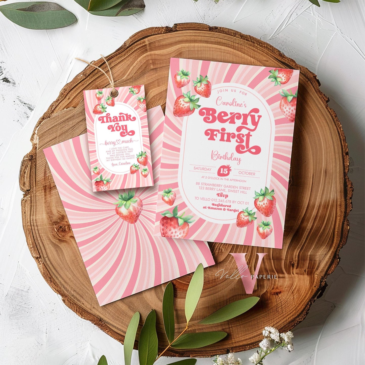 STRAWBERRY First Birthday Invitation Girl | Berry First Birthday Party Invite | Summer Girl Editable Template | Pink First Birthday Invite