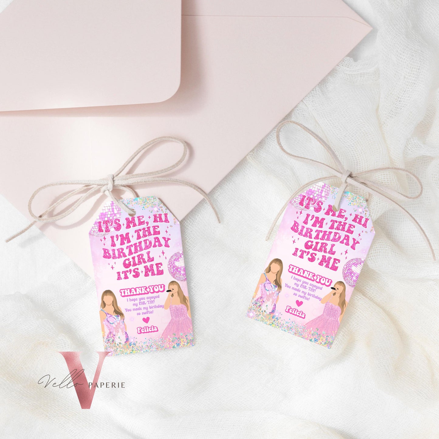 Glam Par-Tay Birthday Party Thankyou Card | Editable Purple Pink Sparkle TS Party Favors Tag || It's Me Hi Swift Glitter Pink Gift Tag