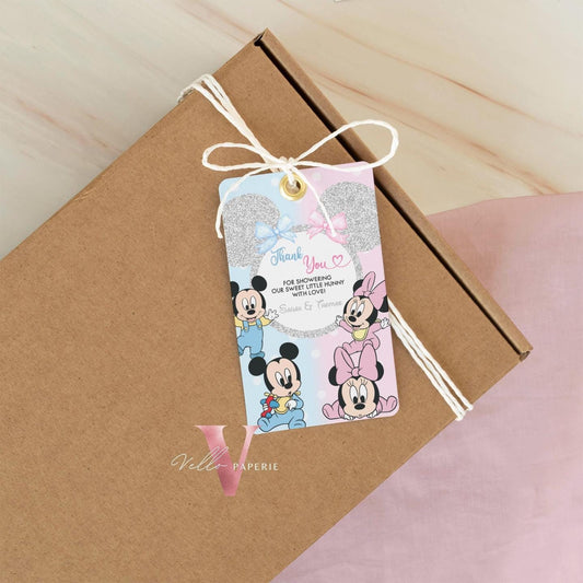 Minnie Mickey Baby Shower Thankyou Card | Editable Blue Pink Baby Shower Party Favor Tag | Mouseketeer Gender Reveal Party Gift Tag MBS01