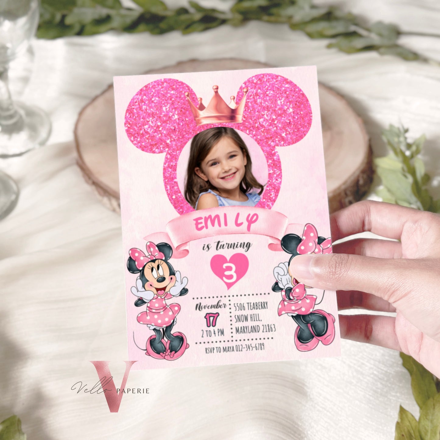 Photo Pink Minnie Birthday Invitation | Editable Printable Glitter Minnie Birthday Girl Party Invite with Photo Instant Template  MMB03