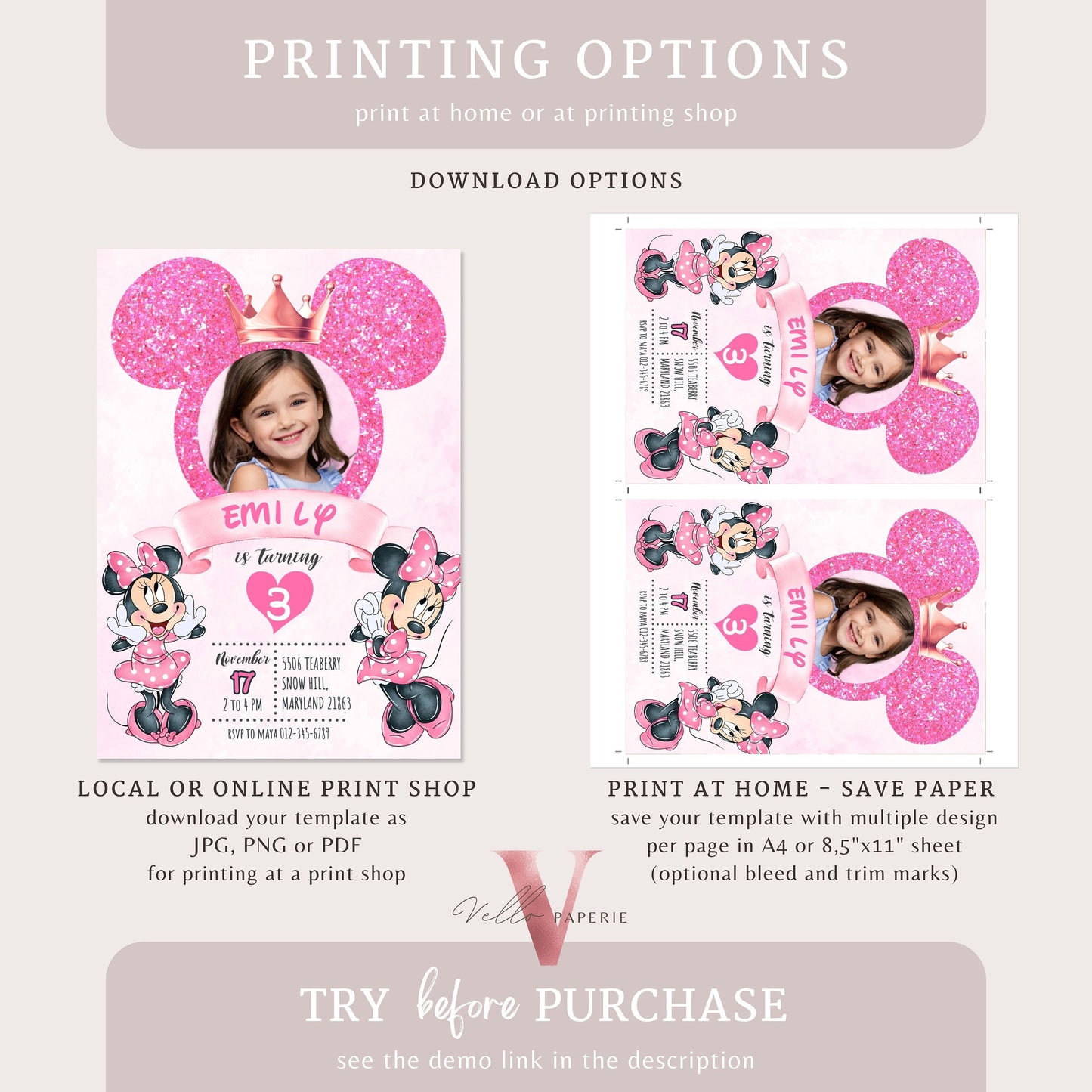 Photo Pink Minnie Birthday Invitation | Editable Printable Glitter Minnie Birthday Girl Party Invite with Photo Instant Template  MMB03