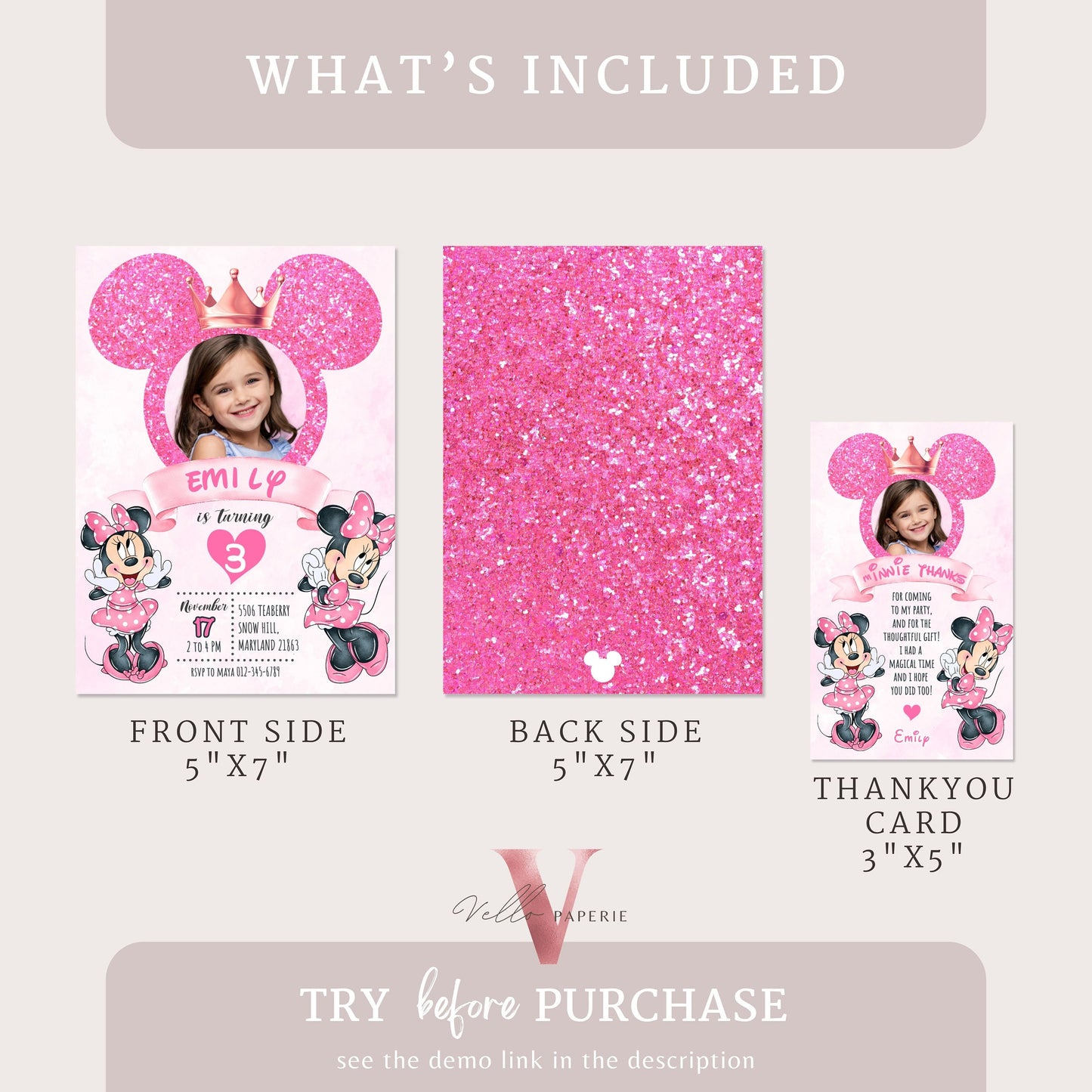 Photo Pink Minnie Birthday Invitation | Editable Printable Glitter Minnie Birthday Girl Party Invite with Photo Instant Template  MMB03