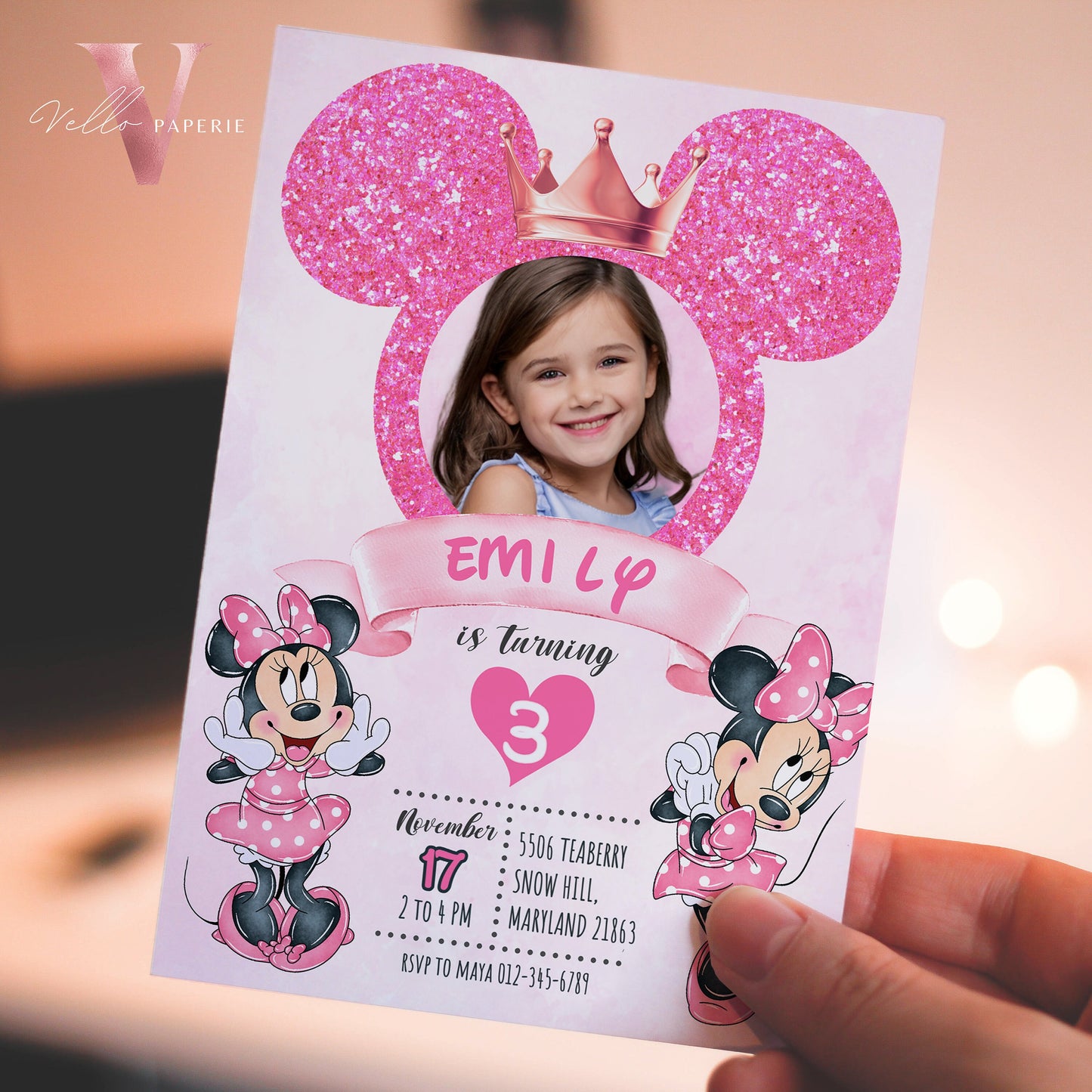 Photo Pink Minnie Birthday Invitation | Editable Printable Glitter Minnie Birthday Girl Party Invite with Photo Instant Template  MMB03