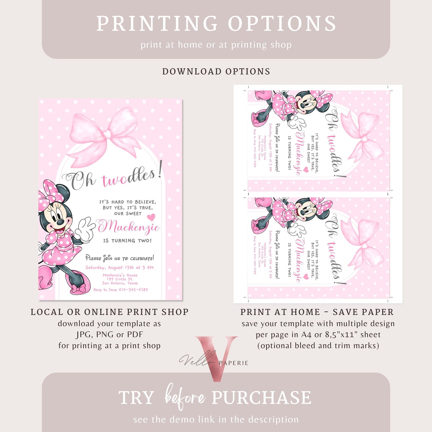 Oh Twodles Minnie Birthday Invitation | Editable Printable Watercolor Minnie Birthday Party Invite | Pink Minnie Twodles Instant Download