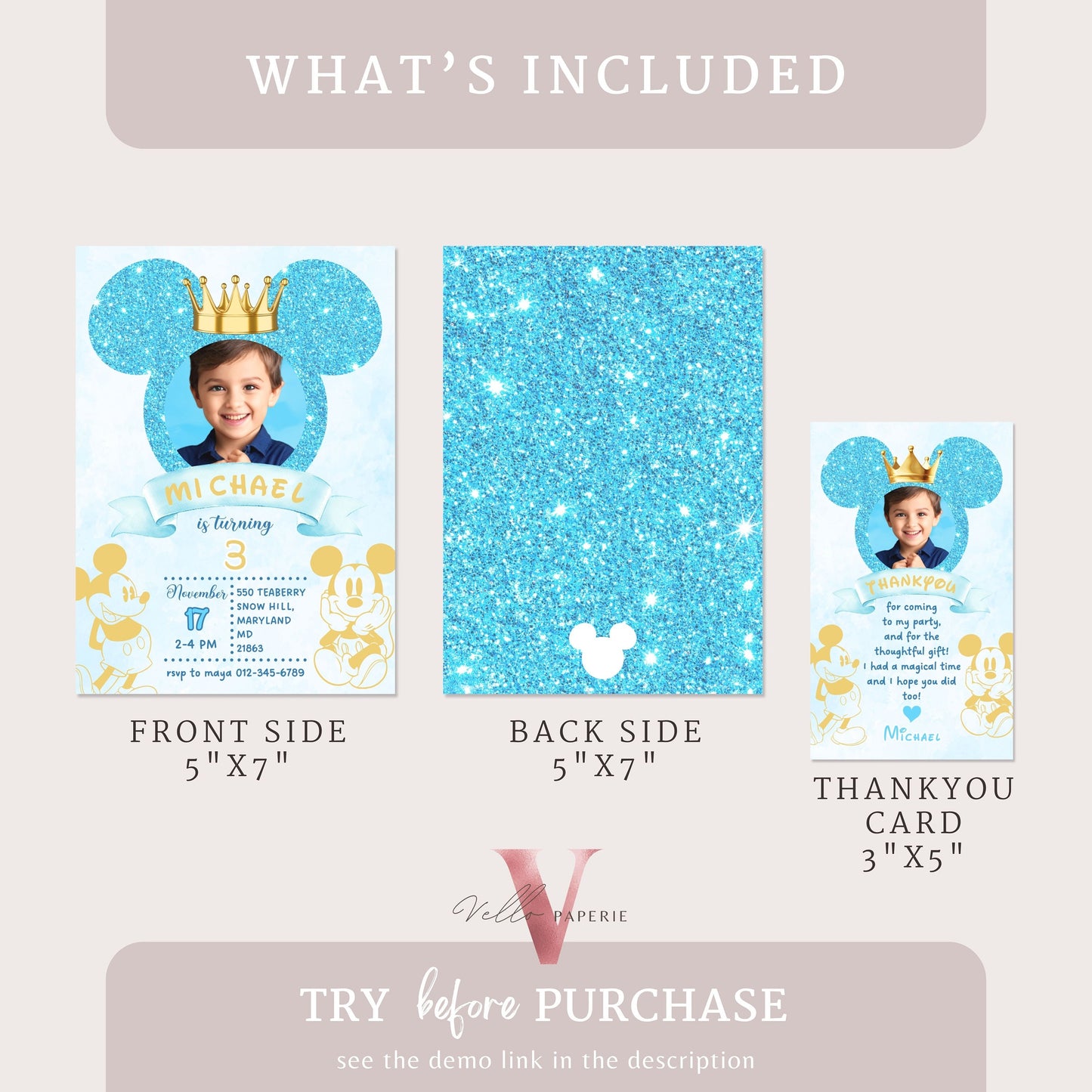 Photo Blue Glitter Royal Mickey Birthday Invitation | Editable Printable Blue Gold Mickey Birthday Party Invite with Photo Instant Download