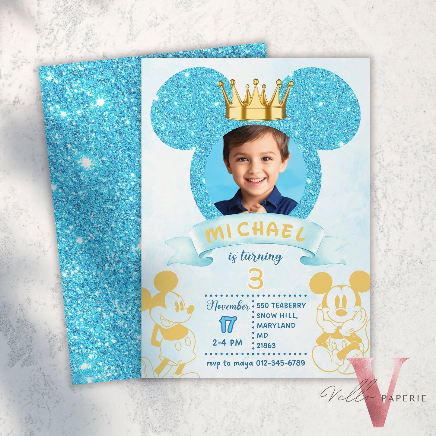Photo Blue Glitter Royal Mickey Birthday Invitation | Editable Printable Blue Gold Mickey Birthday Party Invite with Photo Instant Download
